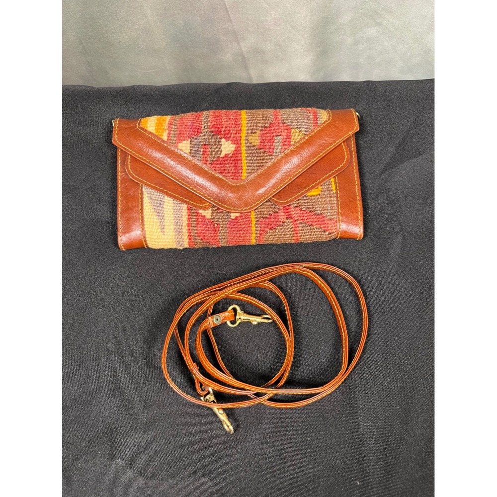 Vintage Kilim Tapestry Leather Crossbody Bag Brown Red Woven Clutch Wallet